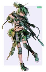 Rule 34 | 1girl, absurdres, breasts, brown eyes, bsapricot, commentary, fingerless gloves, full body, girls&#039; frontline, gloves, green footwear, green gloves, green hair, green shorts, gun, hair between eyes, hair ornament, half-closed eyes, highres, holding, holding gun, holding weapon, knee pads, looking at viewer, m2010 enhanced sniper rifle, multicolored hair, navel, original, piercing, purple background, remington arms, rifle, scar, scar on face, scar on nose, scope, shoes, short shorts, short sleeves, shorts, shrug (clothing), slit pupils, small breasts, sniper rifle, solo, suppressor, tongue piercing, two-tone background, two-tone hair, weapon, white background, xm2010