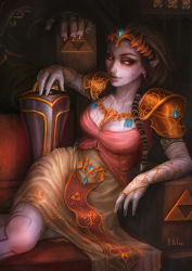 Rule 34 | 1girl, armor, blouse, blue skin, breasts, bridal gauntlets, brown hair, chest tattoo, cleavage, colored skin, corruption, crop top, dark persona, detached sleeves, dress, earrings, eyeliner, eyeshadow, facial tattoo, fingernails, ganondorf, gem, gloves, greaves, grey skin, highres, jewelry, large breasts, leg tattoo, light smile, lips, long hair, looking away, looking to the side, makeup, mind control, nail polish, nintendo, out of frame, patricia kelen, pauldrons, pelvic curtain, pointy ears, possessed, possession, princess zelda, purple nails, reclining, shirt, shoulder armor, sidelocks, signature, skirt, sleeveless, solo focus, tattoo, the legend of zelda, the legend of zelda: twilight princess, throne, tiara, triforce, yellow eyes