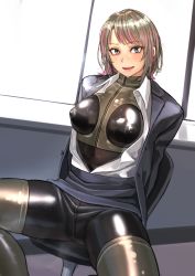 Rule 34 | 1girl, arm support, blonde hair, bodysuit, bodysuit under clothes, breast cutout, covered erect nipples, day, highres, indoors, jacket, kilye kairi, latex, latex bodysuit, looking at viewer, office lady, open clothes, open shirt, original, pencil skirt, shirt, sitting, skin tight, skirt, solo, swivel chair