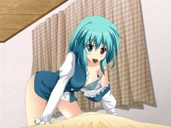 Rule 34 | 1girl, all fours, blue bra, blue eyes, blue hair, bottomless, bra, breasts, candy, chocolate, chocolate heart, curtains, female focus, food, from below, heart, heterochromia, kawazuishi, lingerie, matching hair/eyes, mouth hold, off shoulder, pov, red eyes, short hair, solo, strap slip, tatara kogasa, touhou, underwear, valentine