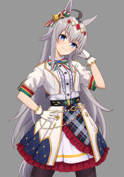 Rule 34 | 1girl, ahoge, animal ears, bell, black pantyhose, blue eyes, blush, bow, breasts, center frills, closed mouth, commentary, cowboy shot, dress, ear ornament, frilled skirt, frills, gloves, grey background, grey hair, hair bell, hair between eyes, hair ornament, hand on own hip, highres, horse ears, horse girl, horse tail, jacket, long hair, looking at viewer, medium breasts, multicolored clothes, multicolored dress, multicolored hair, official alternate costume, oguri cap (miraculous white star) (umamusume), oguri cap (umamusume), pantyhose, plaid, short sleeves, simple background, skirt, solo, streaked hair, striped, striped bow, tail, umamusume, very long hair, white gloves, white jacket, yahiro (epicopeiidae)