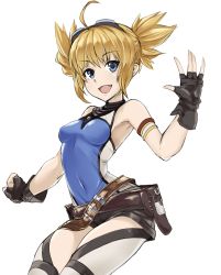 Rule 34 | 10s, 1girl, :d, ahoge, black gloves, blonde hair, blue eyes, covered navel, fang, fingerless gloves, gene (gear gene), gloves, granblue fantasy, highres, open mouth, pengie, short hair, short twintails, shorts, simple background, smile, solo, twintails, white background