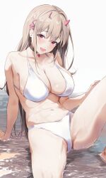 Rule 34 | 1girl, bare shoulders, bikini, blush, breasts, choker, cleavage, collarbone, goddess of victory: nikke, highres, horns, kuu (user gngs5284), large breasts, light brown hair, long hair, looking at viewer, navel, open mouth, pink eyes, sitting, solo, swimsuit, thighs, viper (nikke), water, white bikini