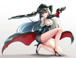 Rule 34 | 1girl, arm up, azur lane, bare shoulders, black footwear, black hair, black hat, black skirt, blue eyes, breasts, cleavage, closed mouth, commentary request, cross, cross necklace, deutschland (azur lane), eyewear on head, finger on trigger, fingerless gloves, fingernails, full body, gloves, gradient background, grey background, gun, hair between eyes, handgun, hat, head tilt, high heels, holding, holding gun, holding weapon, jewelry, large breasts, long hair, necklace, on one knee, osisio, outstretched arm, pencil skirt, pistol, red gloves, shoes, shotgun, skirt, smile, solo, sunglasses, very long hair, weapon, white background