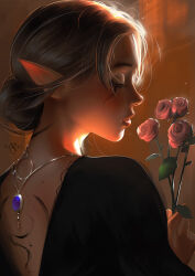 Rule 34 | back tattoo, black dress, brown hair, closed eyes, dress, flower, from behind, hair bun, holding, holding flower, jewelry, lips, necklace, nixri, original, photo-referenced, pointy ears, rose, short hair, tattoo