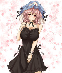 Rule 34 | 1girl, absurdres, alternate costume, amagi (amagi626), babydoll, black ribbon, blush, breasts, butterfly background, floral background, hand up, hat, head tilt, highres, large breasts, looking at viewer, mob cap, pink background, pink hair, ribbon, ribbon trim, saigyouji yuyuko, shiny skin, smile, solo, taut clothes, touhou, triangular headpiece, veil, white background, wrist cuffs
