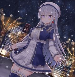 Rule 34 | 1girl, bad id, bad pixiv id, bare tree, beret, blue dress, blue thighhighs, blush, building, city, cityscape, closed mouth, commentary request, dress, dutch angle, earrings, frilled dress, frills, hat, highres, higuchi kaede, higuchi kaede (7th costume), jewelry, legs together, long hair, long sleeves, mole, mole under eye, night, night sky, nijisanji, nonon (xenonbot), outdoors, outstretched arms, purple eyes, road, sidelocks, silver hair, sky, smile, snowing, solo, standing, thighhighs, tree, virtual youtuber, white hat, winter