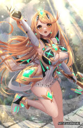 Rule 34 | 1girl, bare legs, bare shoulders, blonde hair, blush, breasts, chest jewel, cleavage, cleavage cutout, clothing cutout, dress, earrings, elbow gloves, foot out of frame, gloves, highres, holding, holding weapon, jewelry, kamaniki, large breasts, long hair, mythra (xenoblade), open mouth, short dress, solo, swept bangs, thigh strap, tiara, very long hair, weapon, white dress, white footwear, white gloves, xenoblade chronicles (series), xenoblade chronicles 2, yellow eyes