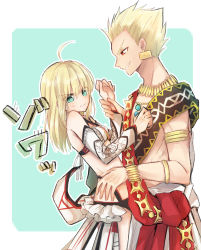 Rule 34 | 1boy, 1girl, ahoge, altera (fate), altera (fate) (cosplay), aqua eyes, armlet, artoria pendragon (all), artoria pendragon (fate), blonde hair, bracelet, cosplay, detached sleeves, earrings, fate (series), from side, gilgamesh (fate), highres, holding another&#039;s wrist, jewelry, long hair, long sleeves, nayu tundora, necklace, red eyes, saber (fate), sketch, standing, white sleeves
