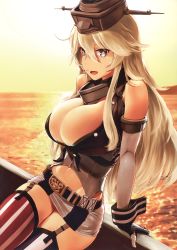 Rule 34 | 10s, 1girl, arm support, asymmetrical legwear, bare shoulders, belt, belt buckle, blonde hair, blue eyes, breasts, buckle, cleavage, elbow gloves, fingerless gloves, front-tie top, garter straps, gloves, hair between eyes, hat, highres, iowa (kancolle), kantai collection, large breasts, leaning back, long hair, microskirt, mismatched legwear, navel, ocean, open mouth, outdoors, shirt, sidelocks, sitting, skirt, smile, solo, star-shaped pupils, star (symbol), striped clothes, striped skirt, striped thighhighs, symbol-shaped pupils, thighhighs, tied shirt, vertical-striped clothes, vertical-striped skirt, vertical-striped thighhighs, wa (genryusui), wrist cuffs
