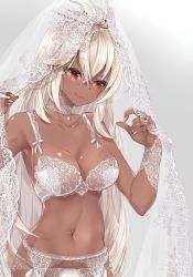 Rule 34 | 1girl, 218, bare shoulders, bra, breasts, bridal veil, bride, brown hair, choker, cleavage, collarbone, commentary, cowboy shot, dark skin, dark-skinned female, dated, english commentary, garter belt, granblue fantasy, jewelry, lace, lace bra, lace panties, lingerie, lips, long hair, looking to the side, medium breasts, nail polish, navel, panties, ring, smile, solo, stomach, underwear, underwear only, veil, veil lift, wedding band, white hair, yellow eyes, zooey (granblue fantasy)
