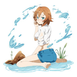 Rule 34 | 1girl, aqua eyes, ass, barefoot, blue shorts, blush, breasts, brown hair, crop top, feet, full body, hair between eyes, hand in own hair, highres, looking at viewer, medium breasts, midriff, official art, philia (sao), school uniform, shirt, shoes, unworn shoes, short hair, short shorts, shorts, sideboob, simple background, sitting, soles, solo, sword art online, toes, wariza, water, wet, wet clothes, wet shirt, white background