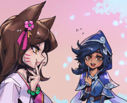 Rule 34 | :d, ahri (league of legends), bead bracelet, beads, belt, black hair, blue dress, bracelet, brown belt, brown eyes, brown hair, dress, dynasty ahri, facial mark, flower, freckles, freljord taliyah, gradient background, hair flower, hair ornament, hand on own chin, hand up, hood, hood up, index finger raised, jewelry, league of legends, long hair, looking at another, official alternate costume, open mouth, petals, phantom ix row, pink background, pink flower, portrait, profile, smile, taliyah, teeth, upper teeth only, whisker markings