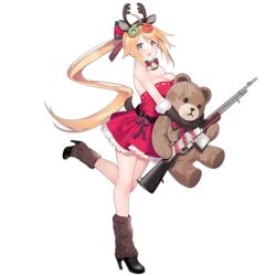Rule 34 | 1girl, animal ears, antlers, automatic rifle, bare legs, bare shoulders, bell, black footwear, black gloves, blonde hair, blush, boots, breasts, browning automatic rifle, christmas, deer ears, detached collar, doughnut, doughnut hair ornament, dress, food, food-themed hair ornament, from side, full body, fur trim, girls&#039; frontline, gloves, grey eyes, gun, hair ornament, high heel boots, high heels, holding, holding gun, holding weapon, horns, hugging object, jingle bell, large breasts, leg warmers, light machine gun, long hair, looking at viewer, m1918 (girls&#039; frontline), m1918 (war is over) (girls&#039; frontline), m1918 bar, machine gun, merry christmas, official alternate costume, official art, open mouth, red dress, short dress, sidelocks, solo, squad automatic weapon, standing, standing on one leg, stuffed animal, stuffed toy, suisai (suisao), teddy bear, transparent background, very long hair, weapon