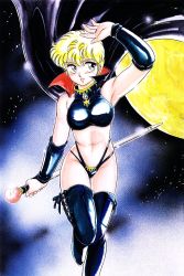 Rule 34 | 1990s (style), 1girl, amagi kei, arm up, black footwear, blonde hair, boots, cape, cape lift, highres, holding, holding wand, ikinari! can2, moon, navel, night, night sky, non-web source, official art, open mouth, retro artstyle, scan, short hair, sky, solo, star (sky), starry sky, thigh boots, thighhighs, traditional media, wand, wind, wind lift
