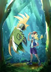 Rule 34 | 1boy, absurdres, ash ketchum, baseball cap, blue vest, creatures (company), eye contact, floating, forest, full body, game freak, gen 1 pokemon, gen 7 pokemon, hand on headwear, hand on own hip, hat, hatsu8282, highres, legendary pokemon, light rays, looking at another, nature, nintendo, on shoulder, open mouth, pikachu, pokemon, pokemon (anime), pokemon (creature), pokemon on shoulder, pokemon journeys, red headwear, shirt, short sleeves, shorts, smile, sunbeam, sunlight, tapu koko, teeth, vest, white shirt