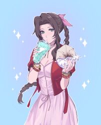 Rule 34 | 1girl, aerith gainsborough, blue background, bow, bracelet, braid, braided ponytail, breasts, brown hair, cleavage, commentary, cup, disposable cup, dress, drinking straw, english commentary, eyelashes, feet out of frame, final fantasy, final fantasy vii, food, green eyes, hair bow, hands up, highres, holding, jacket, jewelry, kivavis, long hair, looking at viewer, medium breasts, necklace, open clothes, open jacket, parted bangs, pink bow, pink dress, red jacket, short sleeves, simple background, soda, solo, sparkle, taco bell, unzipped