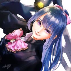 Rule 34 | 1girl, arm at side, arm up, artist name, assault lily, black jacket, blue hair, bow, bowtie, closed mouth, collared shirt, commentary, dutch angle, fukuyama jeanne sachie, hair bow, half updo, highres, holding, holding sword, holding weapon, jacket, jewelry, juliet sleeves, komuzuka, long hair, long sleeves, looking at viewer, ludvico private girls&#039; academy school uniform, mole, mole above mouth, mole on nose, mole under eye, over shoulder, pendant, pink bow, pink bowtie, pink eyes, puffy sleeves, school uniform, shirt, signature, simple background, smile, solo, sword, sword over shoulder, upper body, weapon, weapon over shoulder, white background, white shirt, zipper