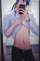 Rule 34 | 1boy, abs, bedroom, belt, black belt, blue eyes, blue hair, blurry, clothes lift, collared shirt, depth of field, hair between eyes, highres, holding, holding phone, idolish7, looking at phone, male focus, male pubic hair, oogami banri, phone, ponytail, pubic hair, re:vale, reflection, rinunu, selfie, shirt, shirt lift, sleeves rolled up, solo, upper body, watch, white shirt, wristwatch