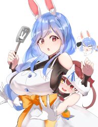 Rule 34 | 3girls, :o, absurdres, angry, animal ear fluff, animal ears, animal scarf, apron, arm up, black bodysuit, black gloves, black leotard, blank eyes, blue hair, blush, bodysuit, bow, bow apron, braid, braided ponytail, breasts, carrot in pocket, chibi, chibi inset, commentary request, cowboy shot, dot nose, drooling, extra ears, frilled shirt collar, frills, full-face blush, fur-trimmed gloves, fur trim, gloves, hair between eyes, hair bow, hair over shoulder, hands up, head steam, heterochromia, highres, holding, holding spatula, hololive, houshou marine, houshou marine (1st costume), hug, hug from behind, kitchen, kuwapu12, large breasts, leotard, light blue hair, light blush, long hair, looking at another, mature female, mouth drool, multicolored eyes, multicolored hair, multiple girls, open mouth, orange bow, outstretched arms, pekomama, rabbit ears, rabbit girl, red eyes, red hair, see-through, see-through leotard, short eyebrows, short hair, single bare shoulder, sleeveless, sleeveless jacket, spatula, speech bubble, sweat, teeth, twin braids, twintails, upper teeth only, usada pekora, virtual youtuber, white apron, white bow, white gloves, white hair, white sleeves, yellow eyes