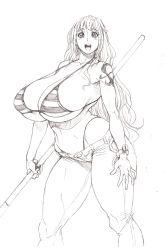 Rule 34 | 1girl, bare shoulders, bikini, bonten, bracelet, breasts, collarbone, curvy, female focus, highres, holding, holding weapon, huge breasts, jewelry, long hair, looking at viewer, monochrome, nami (one piece), navel, one piece, revealing clothes, simple background, smile, solo, staff, standing, strap gap, swimsuit, tattoo, thick thighs, thighs, thong, weapon, white background, wide hips