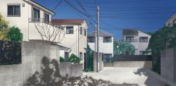 Rule 34 | balcony, blue sky, building, commentary request, fence, hakuurei amano, highres, house, no humans, original, outdoors, power lines, road, scenery, shadow, sky, street, tree, utility pole, wall, watermark, window