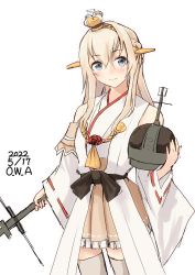 Rule 34 | 1girl, artist name, blonde hair, blue eyes, blush, braid, breasts, commentary request, cosplay, costume switch, crown, dated, french braid, hair between eyes, highres, holding, holding crown, kantai collection, kongou (kancolle), kongou (kancolle) (cosplay), long hair, looking at viewer, mini crown, owa (ishtail), pleated skirt, skirt, sleeveless, smile, thighhighs, warspite (kancolle), zettai ryouiki