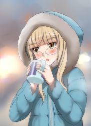 Rule 34 | 1girl, blonde hair, blush, coat, cup, glasses, hood, hooded jacket, jacket, kaneko (novram58), long hair, looking away, perrine h. clostermann, solo, strike witches, upper body, winter clothes, winter coat, world witches series, yellow eyes