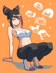 Rule 34 | 1girl, bare shoulders, black hair, black pants, blue footwear, blush, breasts, cleavage, closed mouth, collarbone, commentary request, diagonal bangs, full body, green eyes, halterneck, han juri, heterochromia, highres, lineni, looking at viewer, medium breasts, multicolored hair, orange background, pants, pink eyes, pink hair, pose request, short hair, sidelocks, solo, sports bra, squatting, stomach, street fighter, sweatdrop, two-tone hair, white sports bra