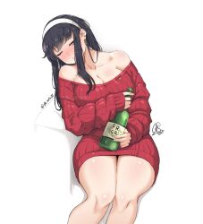 Rule 34 | 1girl, alcohol, black hair, blush, bottle, breasts, cleavage, closed eyes, drunk, earrings, gold earrings, hairband, holding, holding bottle, invisible chair, jewelry, jk arts, large breasts, red sweater, sitting, solo, spy x family, sweater, white background, white hairband, yor briar