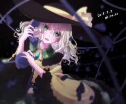 Rule 34 | 1girl, black hat, blouse, blurry, bow, commentary request, dated, dutch angle, floral print, frilled shirt collar, frilled skirt, frilled sleeves, frills, green eyes, hat, holding, holding phone, ice (aitsugai), komeiji koishi, long sleeves, looking at viewer, open mouth, petals, phone, shirt, skirt, solo, talking on phone, third eye, touhou, twitter username, white hair, wide sleeves, yellow bow, yellow shirt