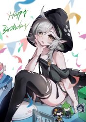 Rule 34 | 1girl, :d, absurdres, arknights, bare shoulders, black thighhighs, box, brown eyes, character doll, commentary request, confetti, crocodilian tail, eunectes (arknights), gavial (arknights), gift, gift box, grey hair, hand up, happy birthday, highres, hood, hood up, knees up, open mouth, pennant, sitting, smile, solo, string of flags, tail, thighhighs, tomimi (arknights), torn clothes, torn thighhighs, white background, yiran91881