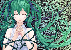Rule 34 | 1girl, cable, closed eyes, green hair, hair ribbon, own hands clasped, hatsune miku, long hair, own hands together, ribbon, solo, thorns, torigoe takumi, twintails, vocaloid
