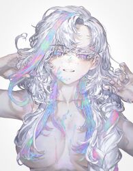 Rule 34 | 1girl, breasts, colored eyelashes, commentary, english commentary, hair censor, highres, iridescent, large breasts, long hair, multicolored eyes, multicolored hair, nude, original, quasarcake, rainbow eyes, rainbow hair, simple background, smile, solo, upper body, white background, white hair