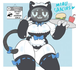 Rule 34 | animal ears, apron, bellabot, bendy straw, blue bow, blue ribbon, bow, breasts, burger, cat ears, cat tail, cleavage, commentary, do not fist android girls (meme), drinking straw, english commentary, english text, food, frilled apron, frilled sleeves, frills, hands up, holding, holding tray, maid headdress, meme, neck ribbon, oni-punch, puffy short sleeves, puffy sleeves, ribbon, ribbon-trimmed thighhighs, ribbon trim, robot girl, short sleeves, sign, spanish text, tail, tail bow, tail ornament, thick thighs, thighhighs, thighs, tray, uwu, waist apron, waitress, white apron