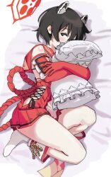 Rule 34 | 1girl, animal ears, armor, black eyes, black hair, blue archive, blush, elbow gloves, gloves, hair between eyes, halo, hugging object, japanese armor, japanese clothes, looking at viewer, lying, mitsutsuka, on side, pillow, pillow hug, pleated skirt, red gloves, red halo, red sailor collar, red skirt, rope, rope belt, sailor collar, short hair, skirt, solo, tsubaki (blue archive)