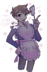 Rule 34 | 1boy, antenna hair, apron, back bow, blue shirt, blush, bow, brown eyes, brown hair, cropped legs, english text, frilled apron, frills, grey pants, hair behind ear, hand on own hip, heart, hero (faraway) (omori), hero (omori), highres, holding, holding spatula, index finger raised, long sleeves, looking at viewer, omori, open mouth, pants, pink apron, pink bow, plaid, plaid apron, shirt, short hair, sketch, smile, solo, spatula, teeth, thxzmgn, white background, white bow