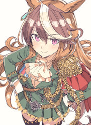 Rule 34 | aiguillette, animal ears, ascot, black thighhighs, brown hair, buttons, cape, double-breasted, earrings, epaulettes, from above, gorirago, green jacket, green skirt, hair between eyes, hands on own hips, highres, horse ears, horse girl, horse tail, jacket, jewelry, long hair, looking at viewer, medal, multicolored hair, pleated skirt, purple eyes, red cape, single earring, single epaulette, skirt, smile, streaked hair, symboli rudolf (umamusume), tail, thighhighs, umamusume, white ascot, zettai ryouiki