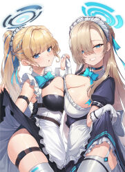 Rule 34 | 2girls, absurdres, apron, asuna (blue archive), bare shoulders, black dress, blonde hair, blue archive, blue bow, blue eyes, blue ribbon, blush, bow, bowtie, breast press, breasts, cleavage, clothes lift, dress, dress lift, frills, gloves, hair over one eye, hair ribbon, halo, highres, large breasts, leotard, leotard under clothes, lifted by self, long hair, looking at viewer, maid, maid apron, maid headdress, medium breasts, mole, mole on breast, multiple girls, ribbon, simple background, smile, sunnillust, symmetrical docking, thigh strap, thighhighs, thighs, toki (blue archive), very long hair, waist apron, white apron, white background, white gloves