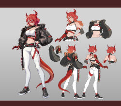 Rule 34 | 1girl, absurdres, amputee, ass, breasts, character sheet, cleavage, dragon girl, dragon horns, dragon tail, flat color, from behind, full body, grey background, grin, hand on own hip, highres, horns, jacket, large breasts, letterboxed, medium hair, midriff, mono-san no tonkatsu, monster girl, multiple views, navel, original, pants, prosthesis, prosthetic arm, red eyes, red hair, scar, shoes, smile, sneakers, standing, sunglasses, tail, white pants