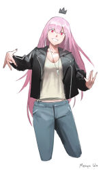 absurdres alternate_costume artist_name commentary cropped_legs crown english_commentary highres hololive hololive_english jacket leather leather_jacket mori_calliope pink_eyes pink_hair sketch smile solo vincent_wu virtual_youtuber white_background