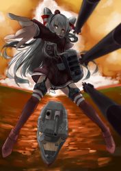 Rule 34 | 10s, amatsukaze (kancolle), explosion, garter straps, highres, kantai collection, looking at viewer, mistrail, personification, rensouhou-kun, silver hair, thighhighs, torpedo, turret