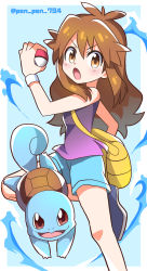 Rule 34 | 1girl, antenna hair, armpits, artist name, artist request, bag, black footwear, black shirt, breasts, brown eyes, brown hair, child, clenched hand, creatures (company), dress, eyelashes, feet up, female focus, fighting stance, game freak, gen 1 pokemon, green (pokemon), hair between eyes, hand up, highres, holding, holding poke ball, jumping, legs, long hair, matching hair/eyes, multiple views, neck, nintendo, open mouth, poke ball, pokemon, pokemon lgpe, shiny clothes, shiny skin, shirt, shoes, short shorts, shorts, side slit, sidelocks, size difference, sleeveless, sleeveless dress, small breasts, sneakers, squirtle, thighs, turnaround, v-shaped eyebrows, water, wristband