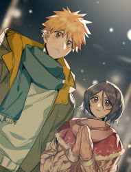 Rule 34 | 1boy, 1girl, absurdres, black hair, bleach, blue scarf, brown eyes, capelet, closed mouth, coat, hair between eyes, highres, kuchiki rukia, kurosaki ichigo, mittens, orange hair, outdoors, own hands together, pink mittens, pink scarf, pink sweater, purple eyes, red capelet, scarf, short hair, snowing, spiked hair, sweater, upper body, white sweater, winter, winter clothes, winter coat, xi luo an ya