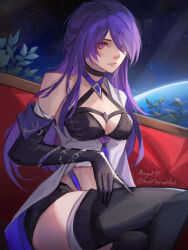Rule 34 | 1girl, acheron (honkai: star rail), angel (halfheartxi), black choker, black gloves, black shorts, boots, breasts, choker, cleavage, commentary request, elbow gloves, gloves, highres, honkai: star rail, honkai (series), long hair, looking at viewer, midriff, parted lips, purple eyes, purple hair, short shorts, shorts, single bare shoulder, sitting, small breasts, solo, thigh boots, thighs, very long hair