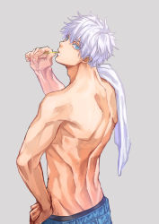 Rule 34 | 1boy, anzkan2580, back, blue eyes, blue pants, brushing teeth, colored eyelashes, gojou satoru, hand on own hip, holding, holding toothbrush, jujutsu kaisen, looking at viewer, male focus, pants, short hair, simple background, solo, toned, toothbrush, toothbrush in mouth, towel, towel on one shoulder, white hair, white towel