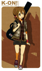 Rule 34 | 1girl, :o, alternate costume, brown eyes, brown hair, dress shirt, guitar case, hair ornament, hairclip, hirasawa yui, instrument case, jacket, k-on!, k-on! movie, myuto (advent retribution), open mouth, round teeth, shirt, sleeves rolled up, solo, teeth, wristband
