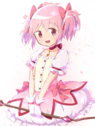 Rule 34 | 1girl, :d, artist name, atu, bow (weapon), bubble skirt, choker, dot nose, facing viewer, flat chest, frilled skirt, frilled sleeves, frills, glint, gloves, hair ribbon, highres, holding, holding bow (weapon), holding weapon, kaname madoka, light blush, light particles, looking afar, mahou shoujo madoka magica, mahou shoujo madoka magica (anime), open mouth, own hands together, pink eyes, pink hair, pink ribbon, pink theme, puffy short sleeves, puffy sleeves, red choker, red neckwear, ribbon, ribbon choker, shiny skin, short sleeves, short twintails, simple background, skirt, smile, solo, soul gem, sparkle, sparkle background, twintails, twitter username, upper body, v arms, weapon, white background, white gloves, white skirt