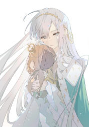 Rule 34 | 1girl, 7tkei, absurdres, anastasia (fate), cape, doll, fate/grand order, fate (series), fingernails, grey eyes, hairband, highres, holding, holding doll, long hair, silver hair, simple background, solo, very long hair, viy (fate), white background