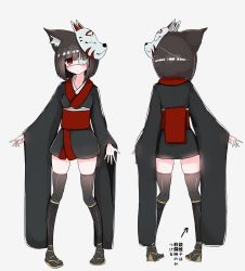 Rule 34 | 1girl, absurdres, animal ears, arrow (symbol), bandages, black hair, black kimono, black thighhighs, blunt bangs, blunt ends, blush, bob cut, brown footwear, cat ears, commentary request, eyepatch, fox mask, from behind, grey background, highres, japanese clothes, kimono, kuchinashi (not on shana), long sleeves, looking at viewer, mask, multiple views, not on shana, obi, original, partial commentary, red eyes, sandals, sash, short hair, short kimono, simple background, skindentation, standing, thighhighs, translated, very long sleeves, wide sleeves